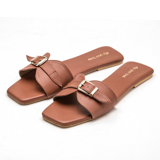 Tan Buckle Detail Single Strap Flats