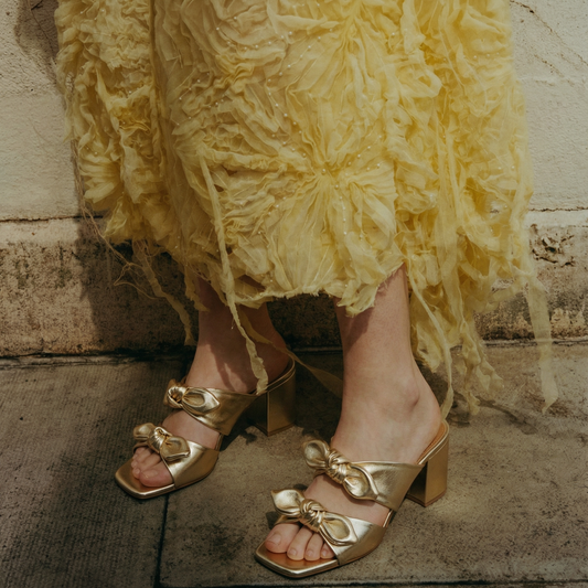 Gold Twin Strap Bow Heels