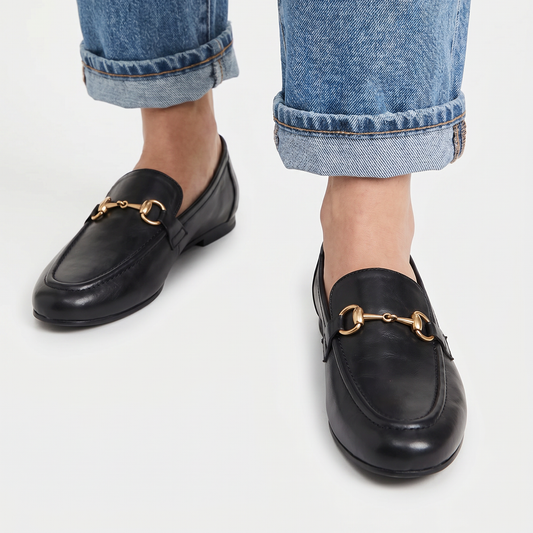 Aura black loafers with antique gold Buckle