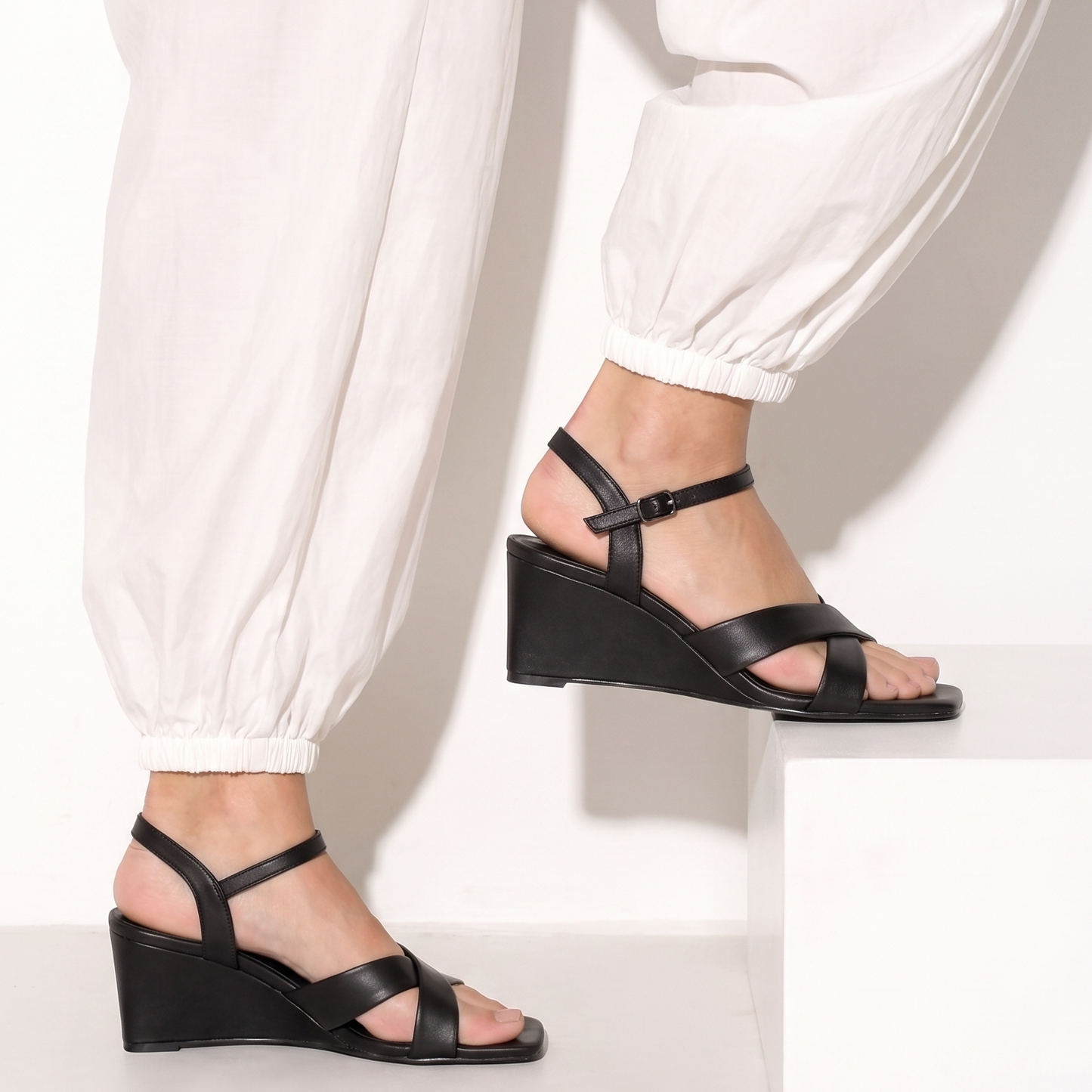 Cross Strap Black Wedge Sandals