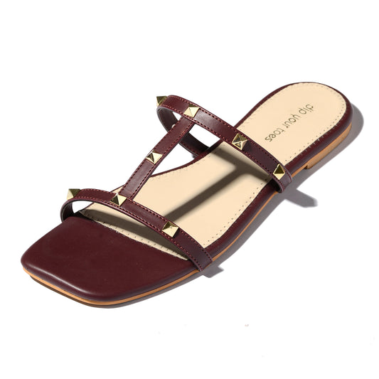 Maroon stud-embellished flats