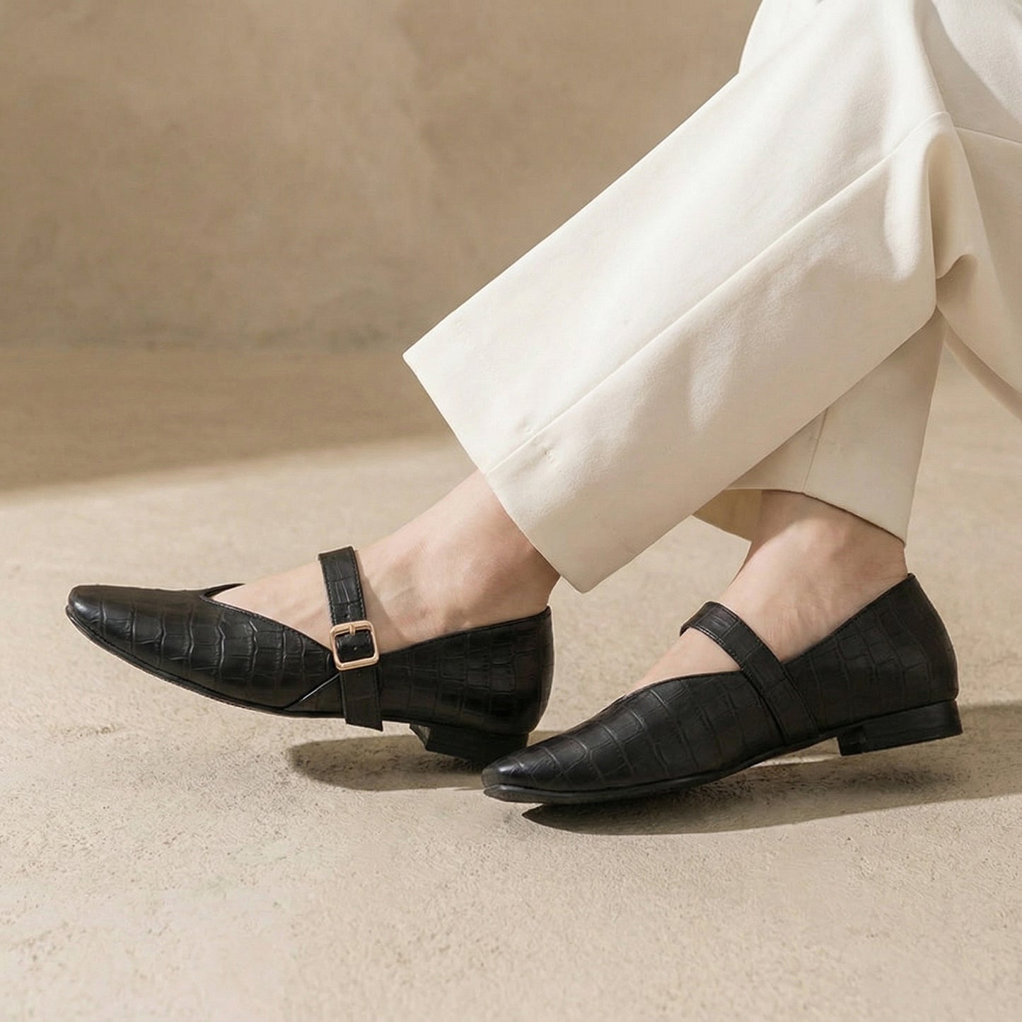 Black textured Mary Jane Flats