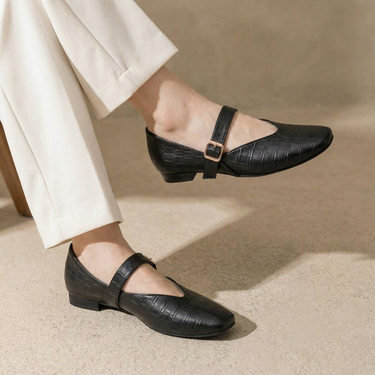 Black textured Mary Jane Flats