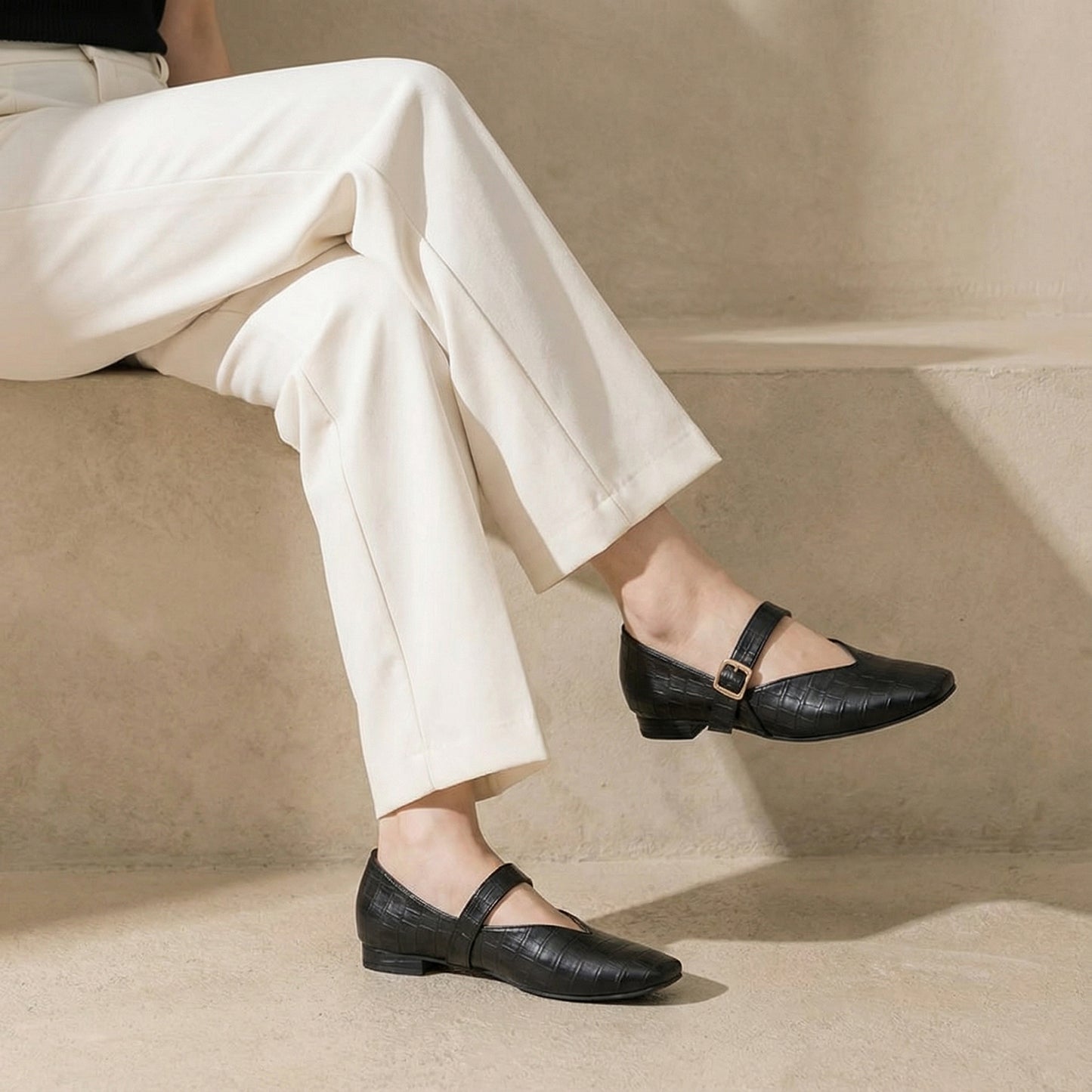 Black textured Mary Jane Flats