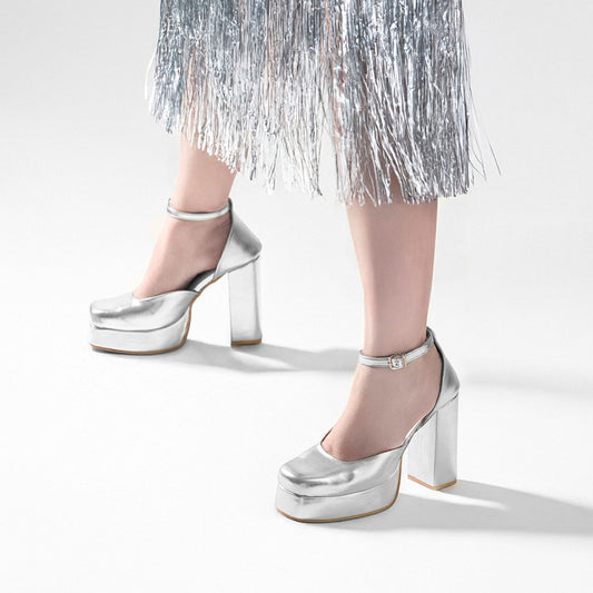 Silver  Platform Block Heels