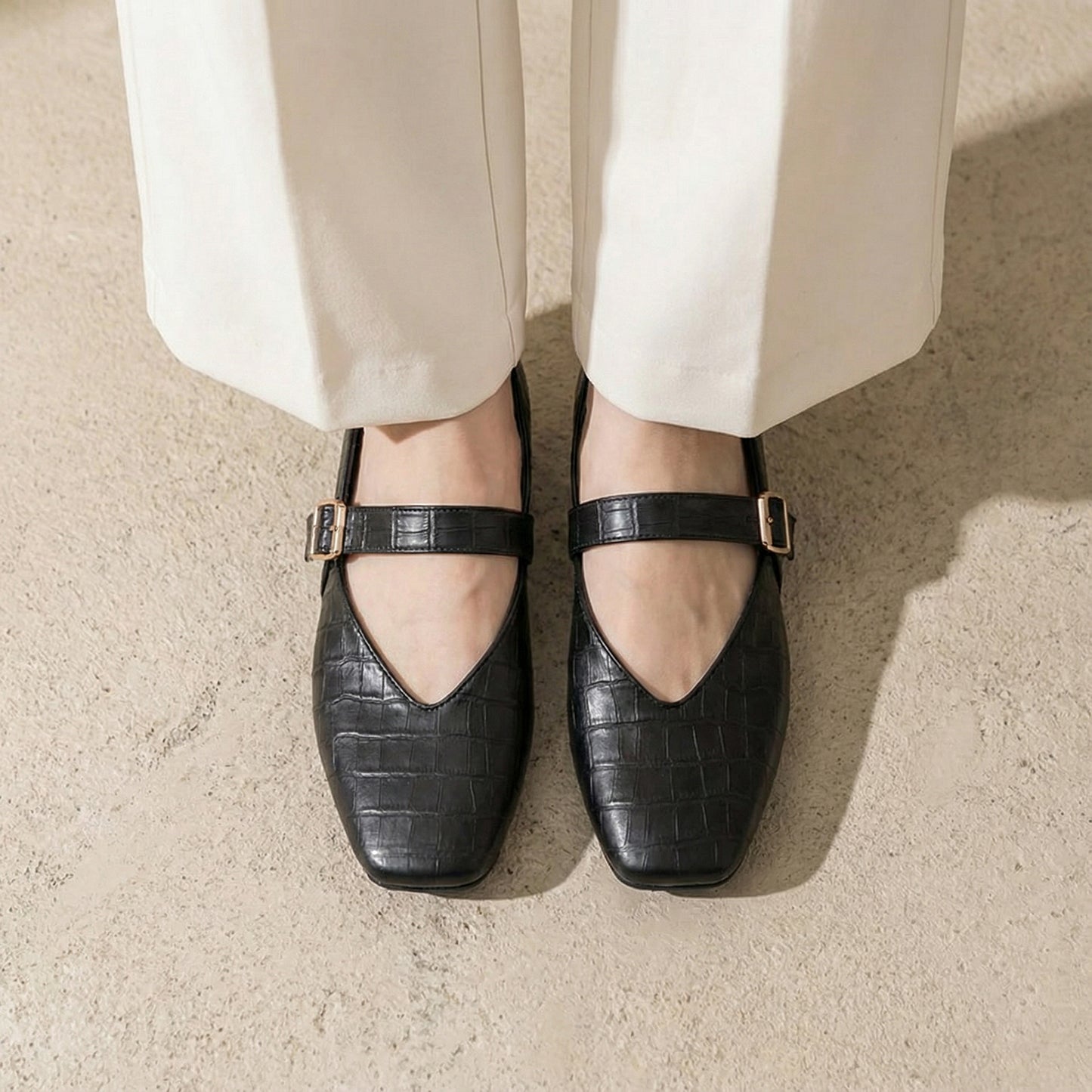 Black textured Mary Jane Flats
