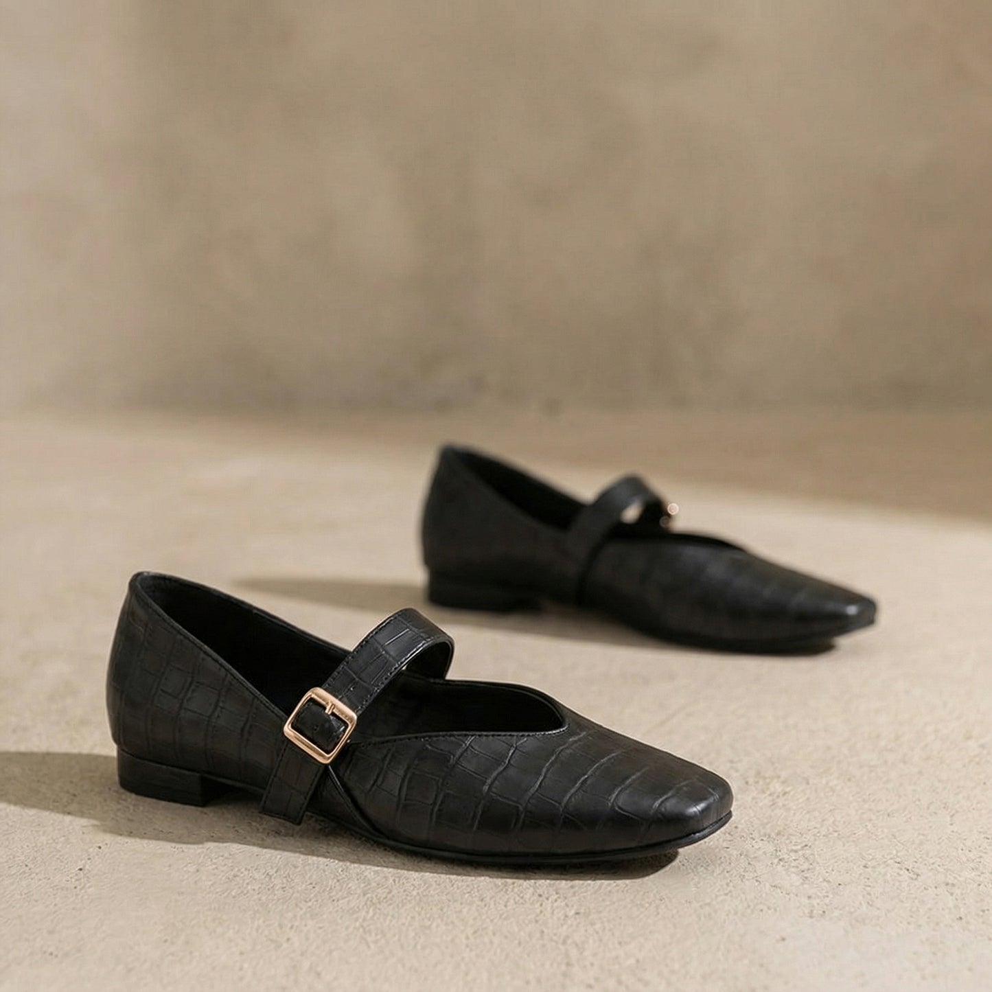 Black textured Mary Jane Flats