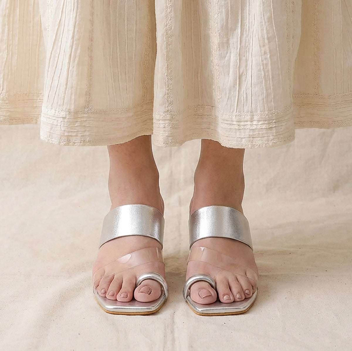 Silver Toe Loop Block Heels