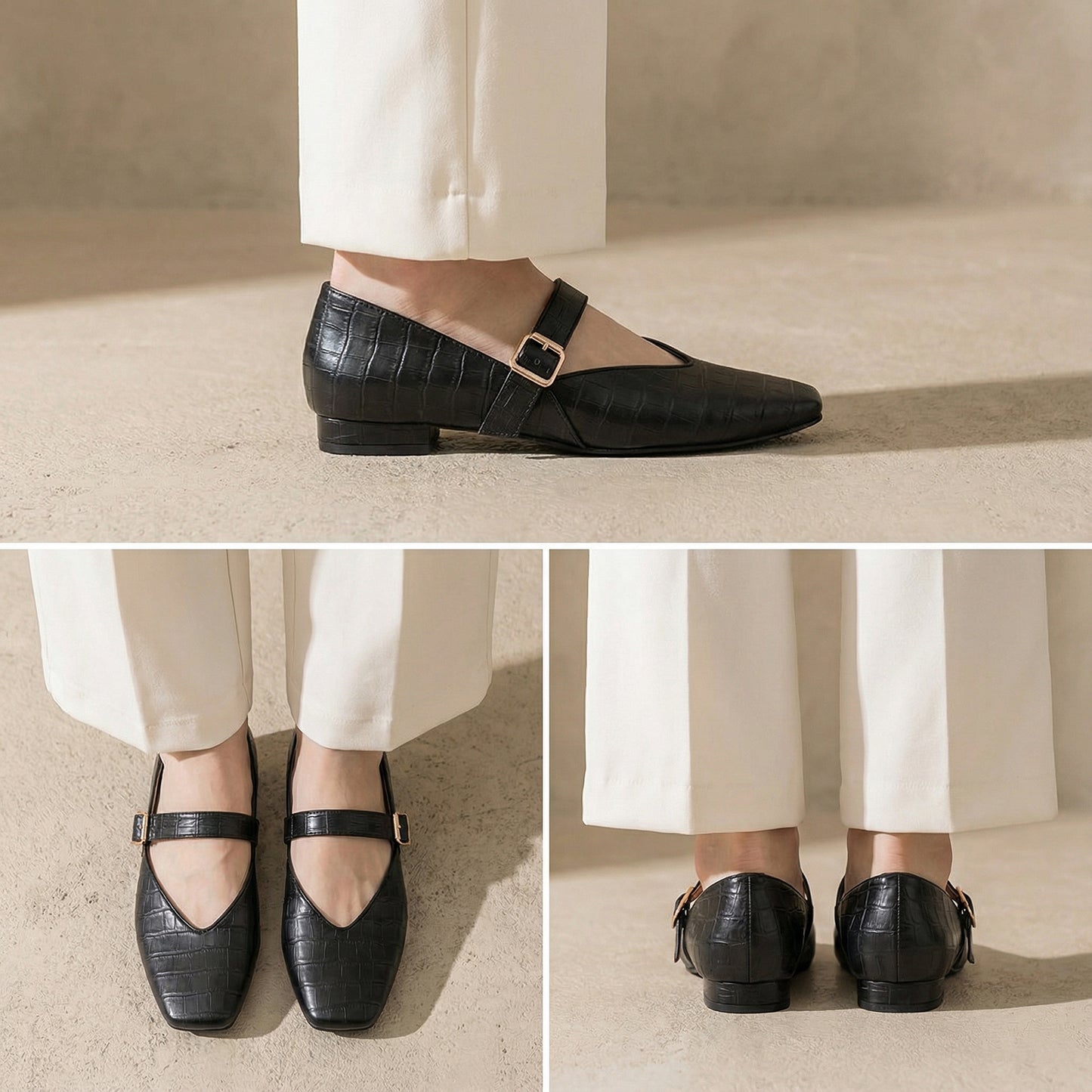 Black textured Mary Jane Flats