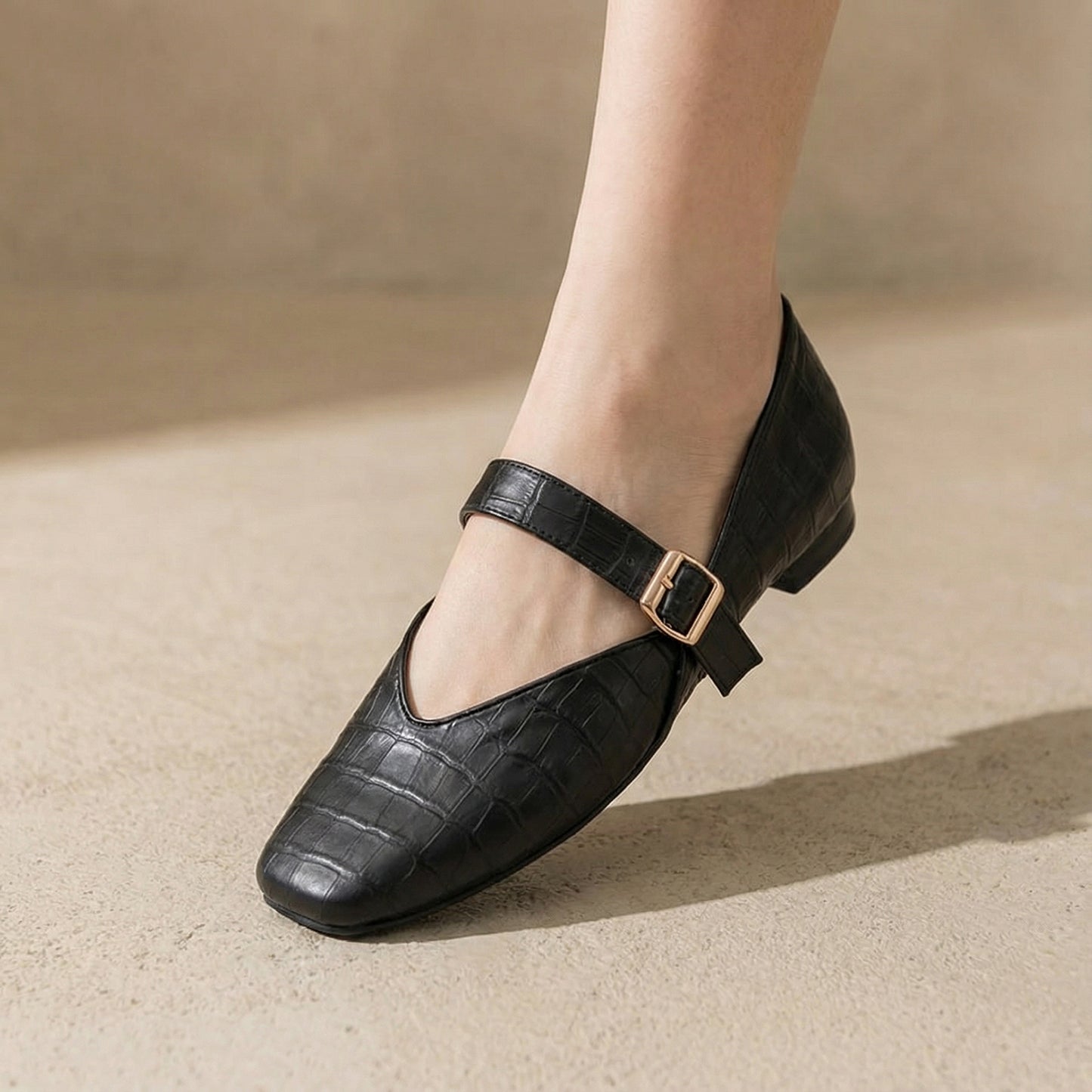 Black textured Mary Jane Flats