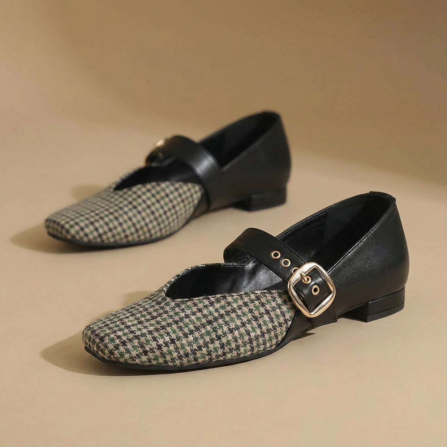 Black Houndstooth Mary Jane Flats