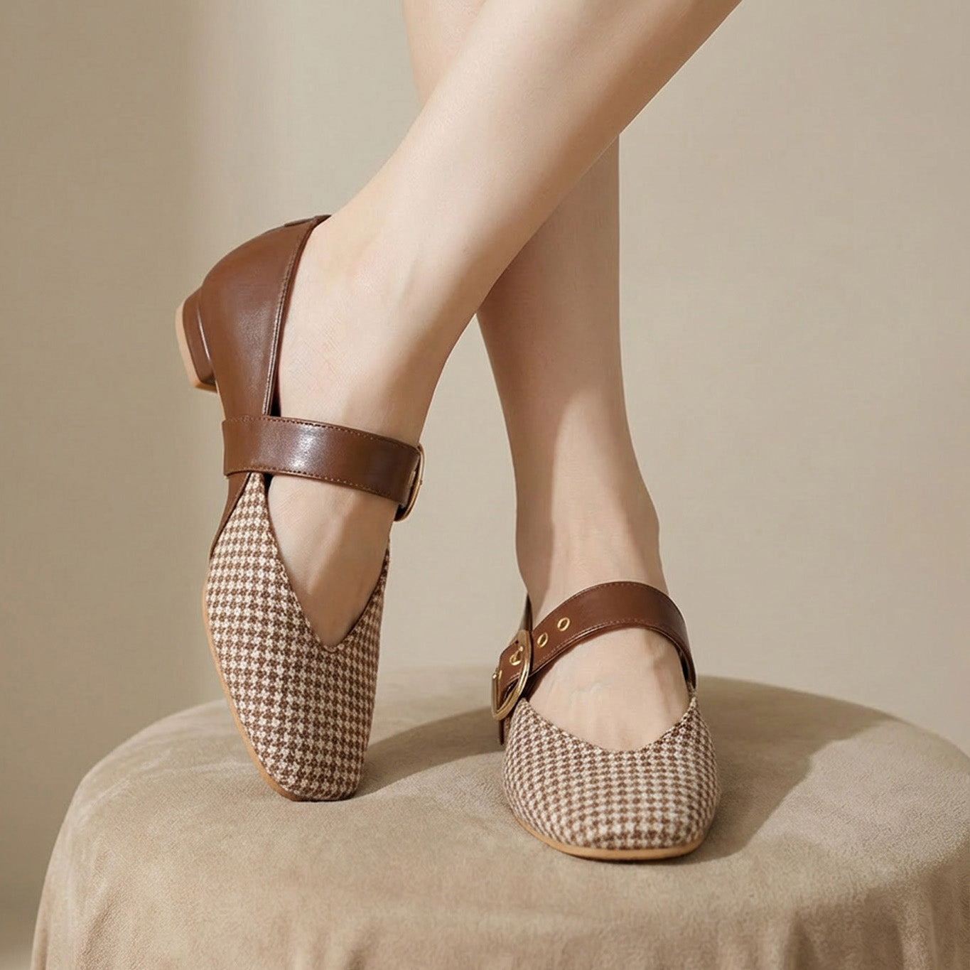 Brown Houndstooth Mary Jane Flats
