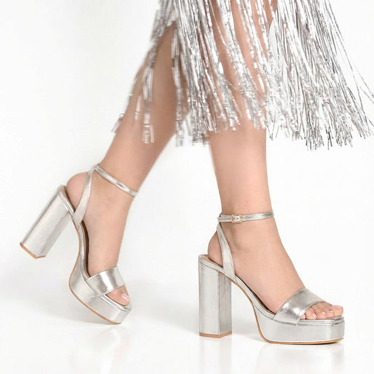 Silver Single Strap Platform Heeled Sandals