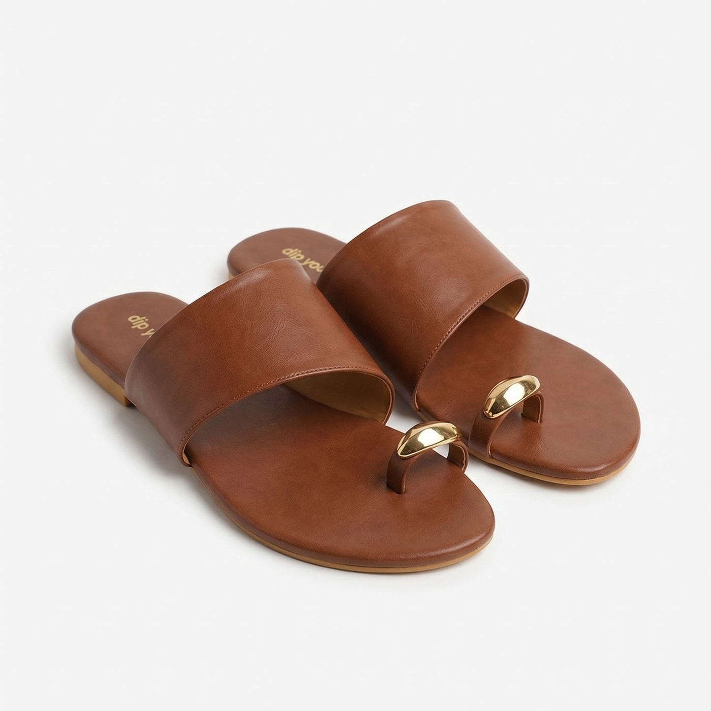 Tan metal detail toe ring flats