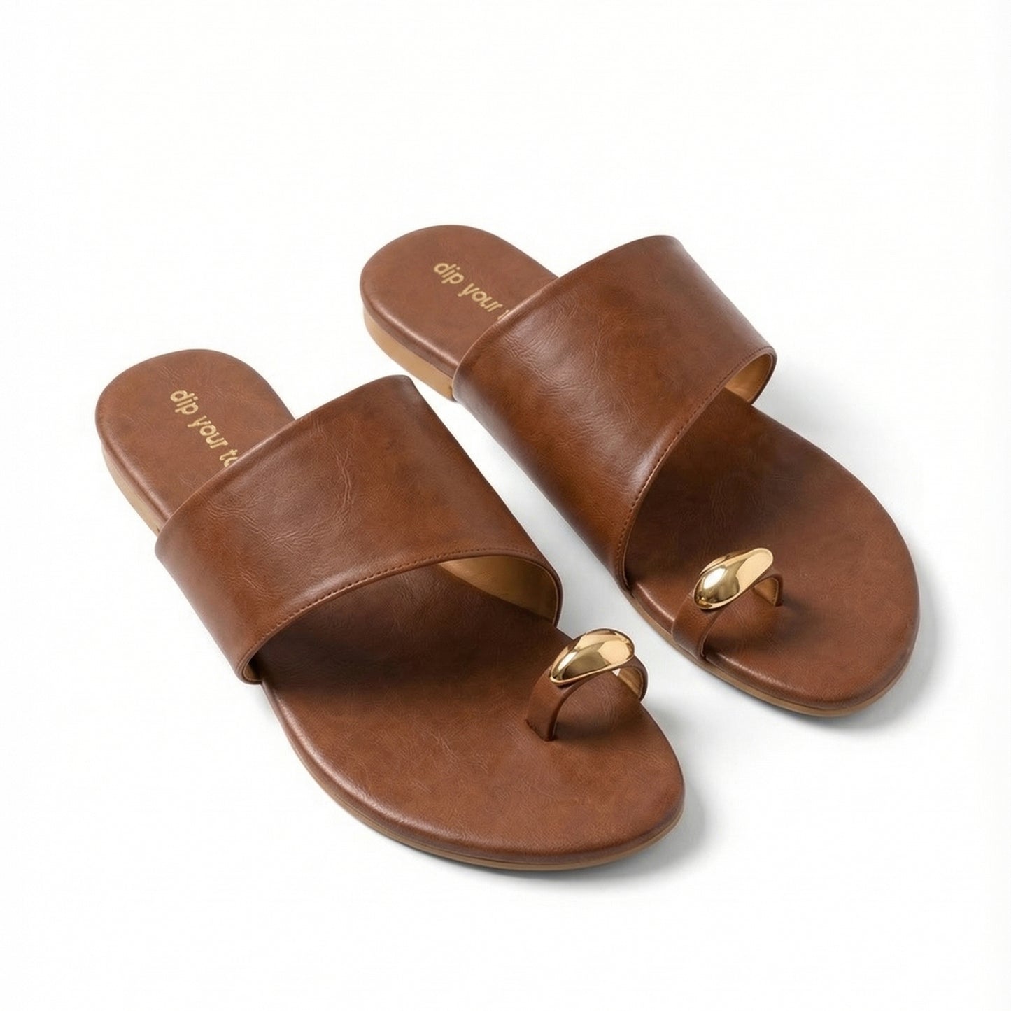 Tan metal detail toe ring flats