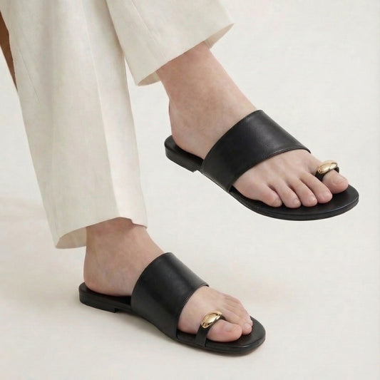 Black metal detail toe ring flats