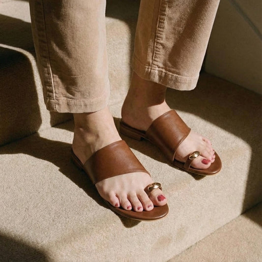 Tan metal detail toe ring flats