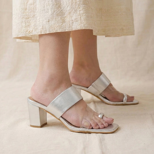 Silver Toe Loop Block Heels