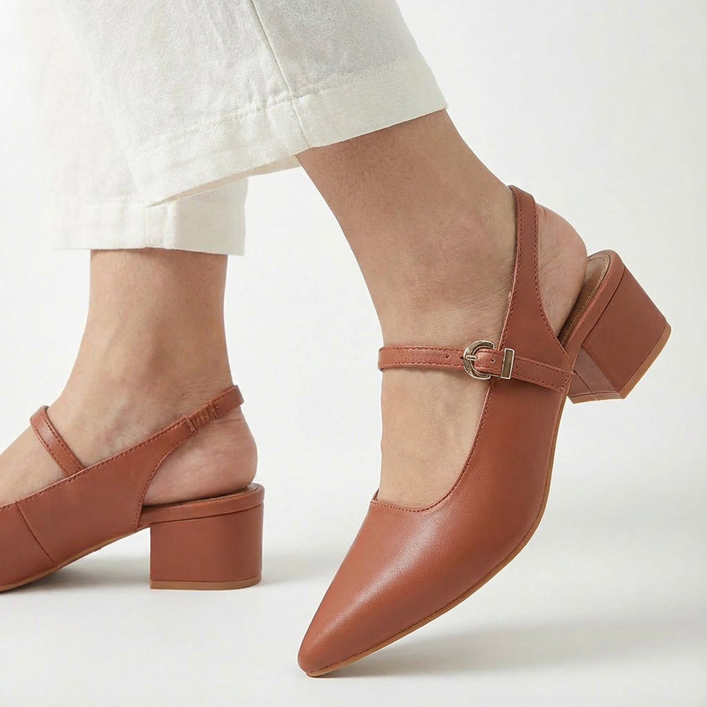 Tan Pointed-Toe Slingback Heels