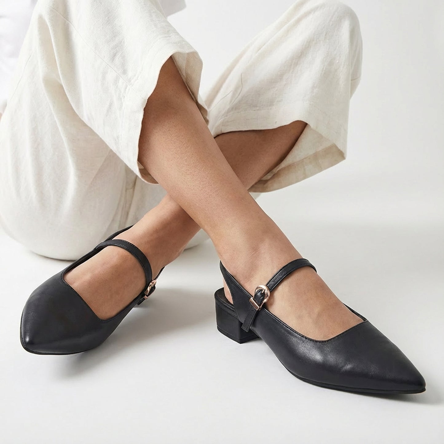 Black Pointed-Toe Slingback Flats