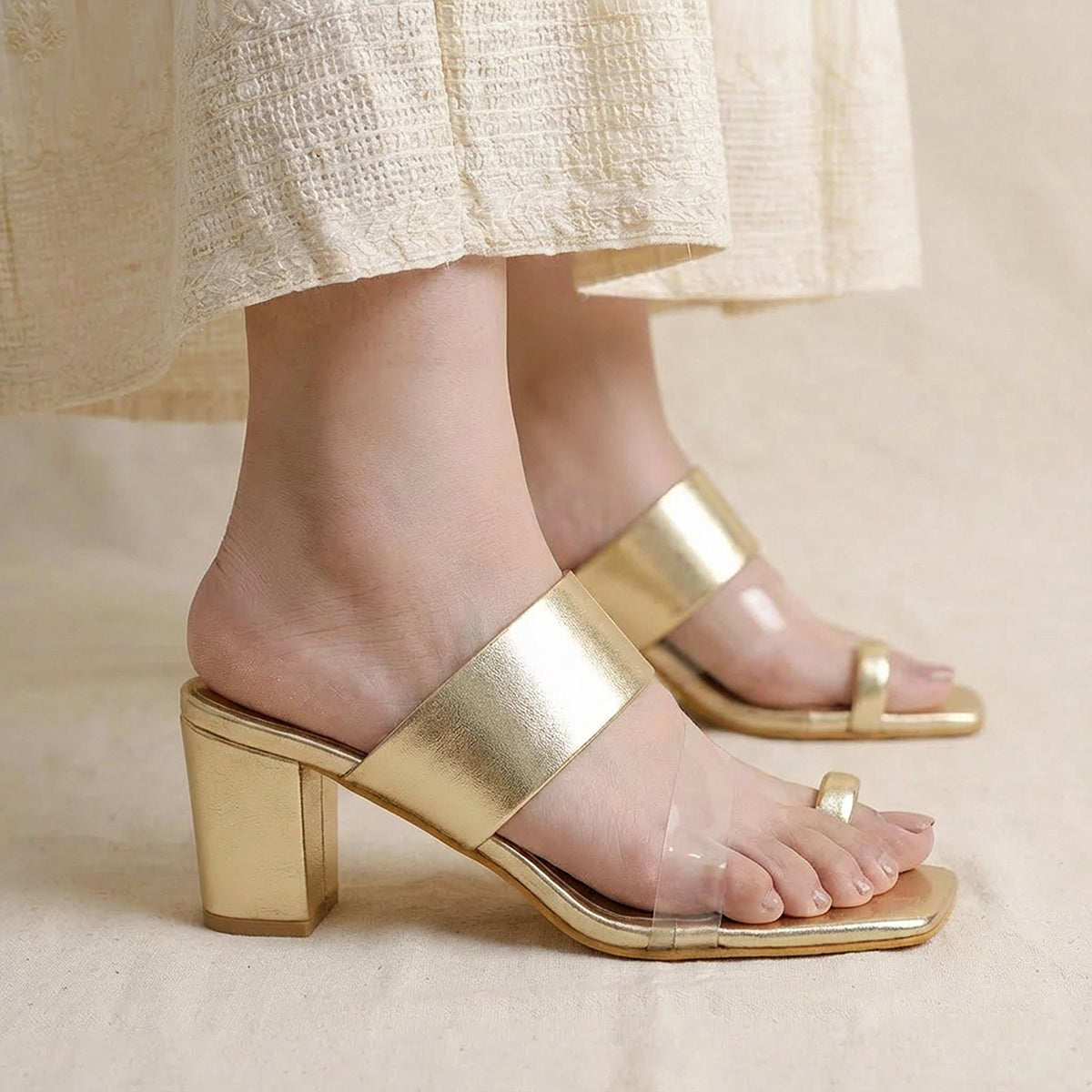 Gold Toe Loop Block Heels