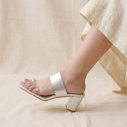 Silver Toe Loop Block Heels