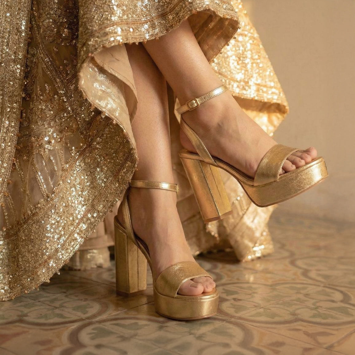 Gold Single Strap Platform Heeled Sandals
