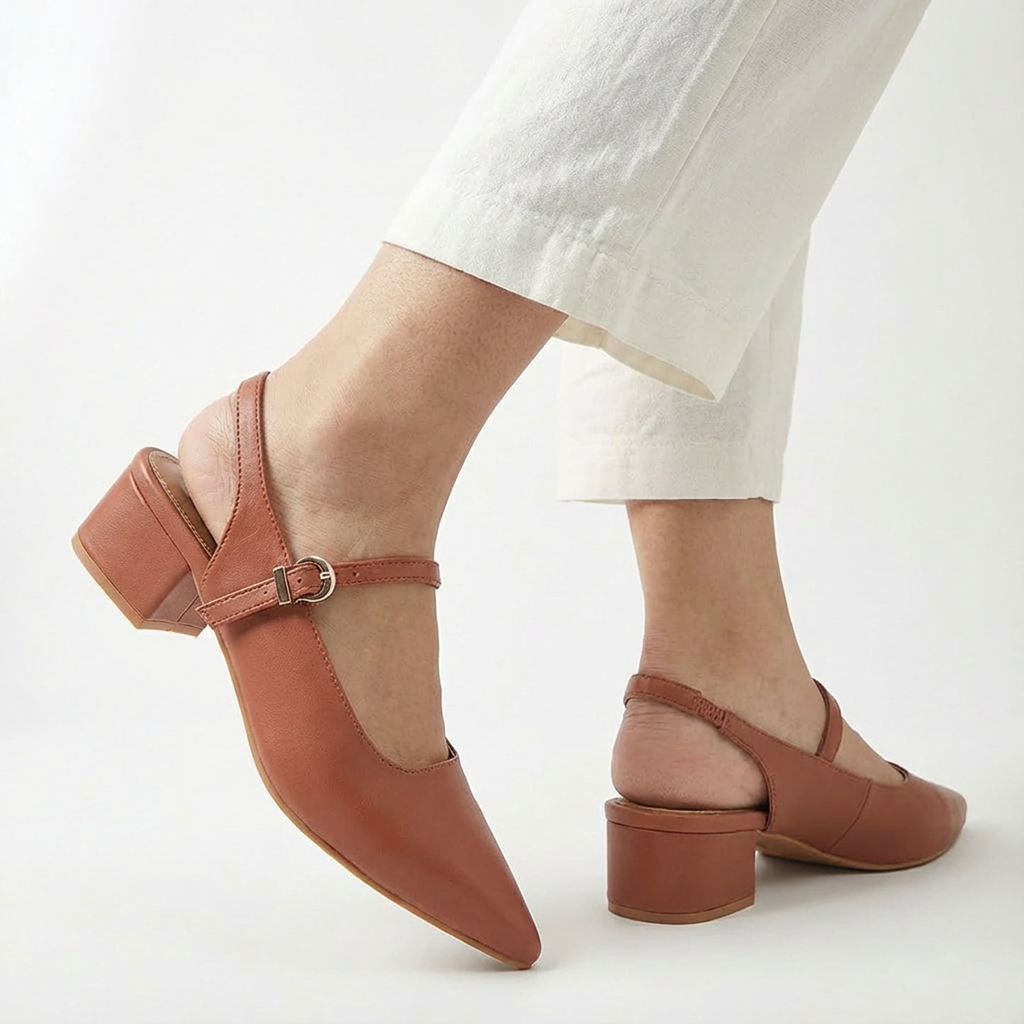 Tan Pointed-Toe Slingback Heels