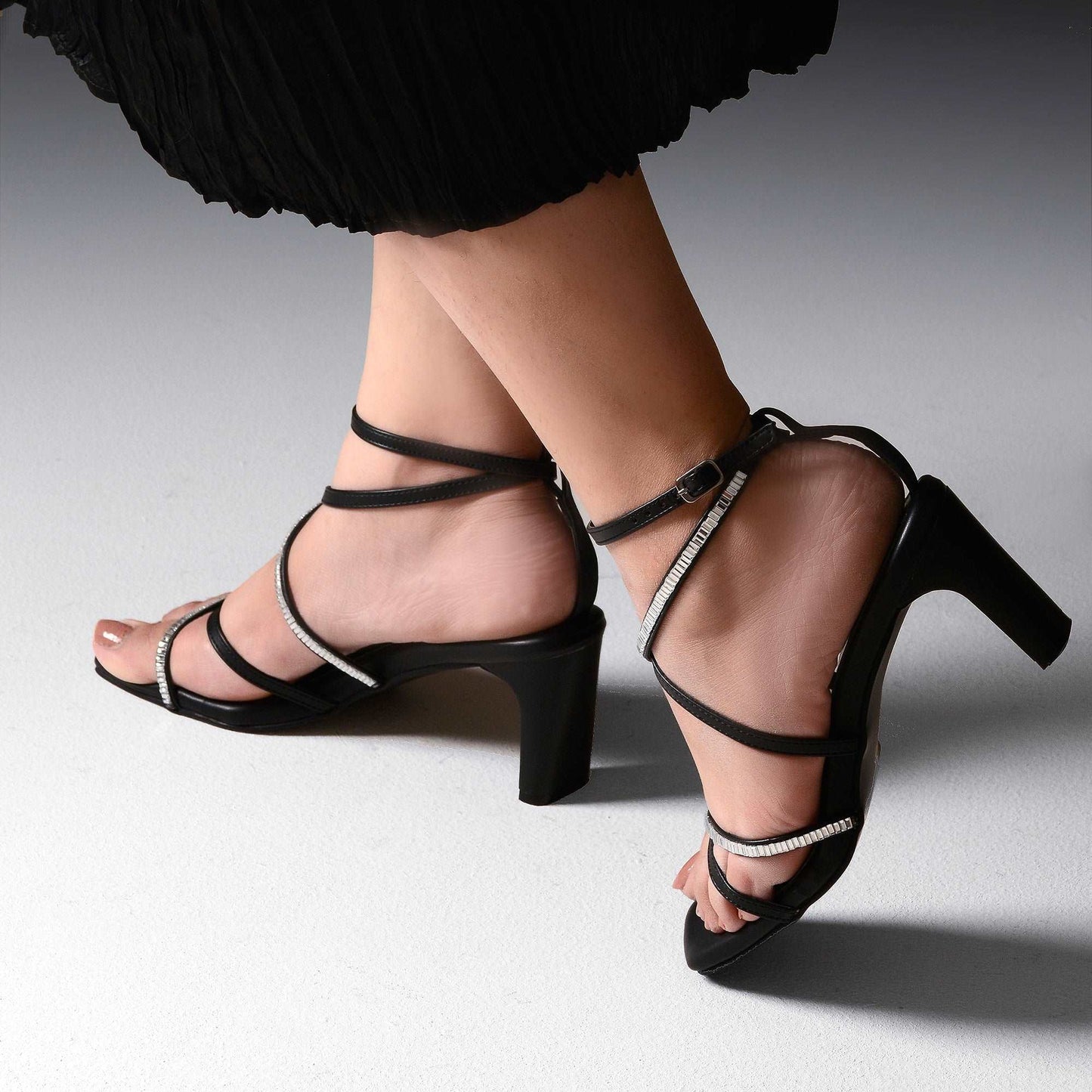 Black Embellished Ankle Strap Sandals