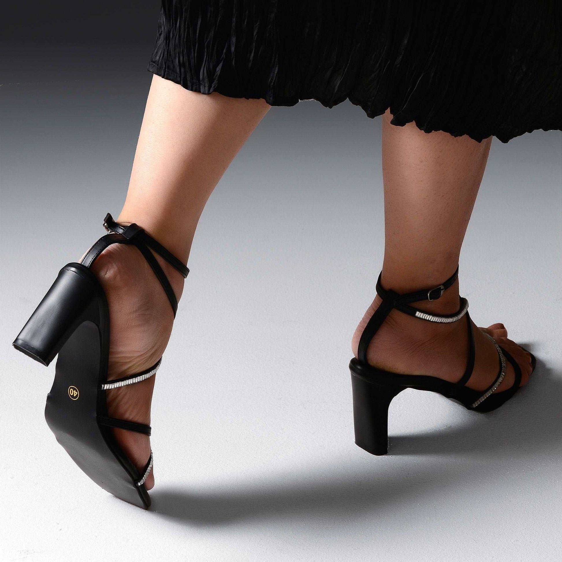 Black Embellished Ankle Strap Sandals