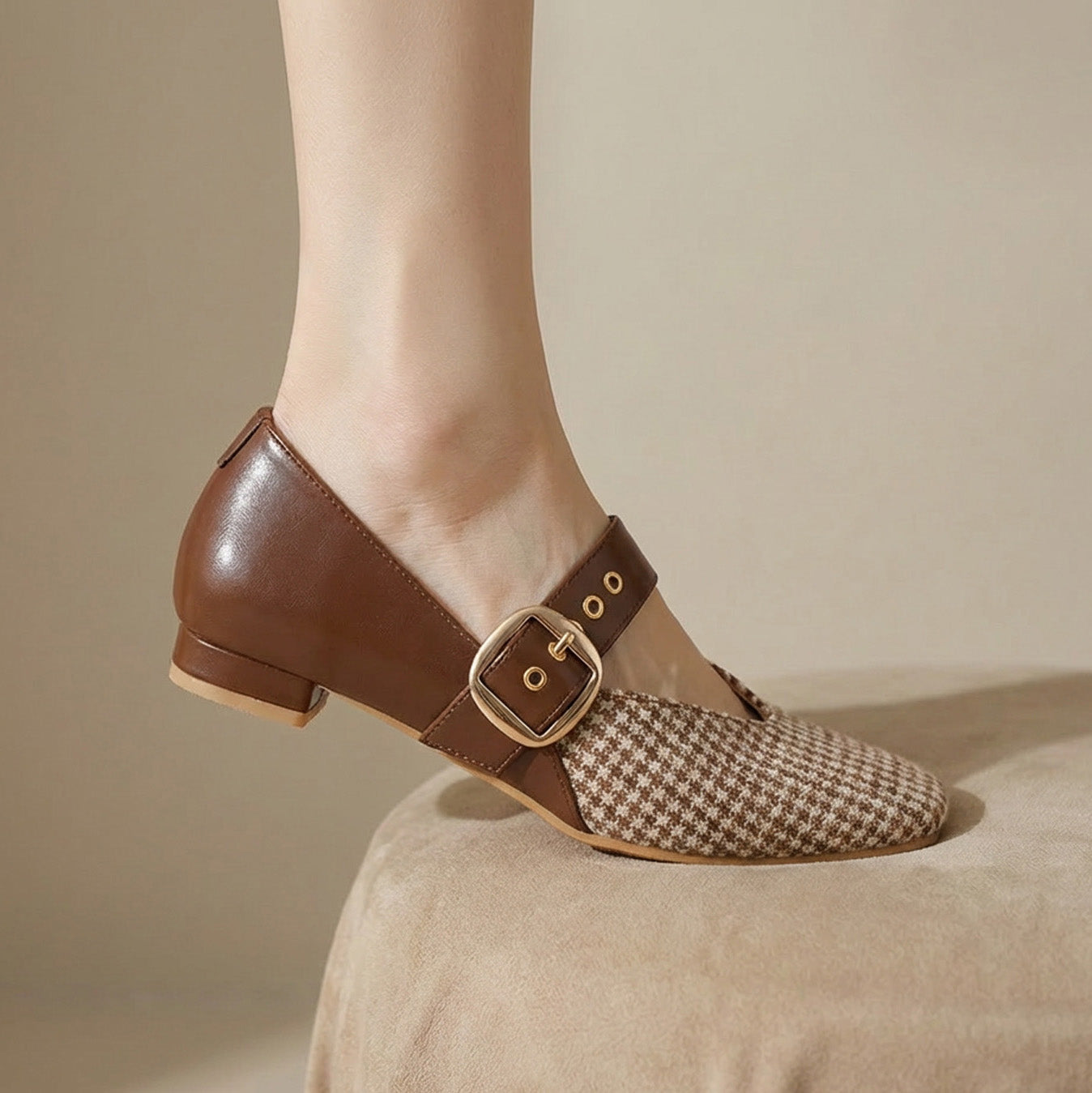 Brown Houndstooth Mary Jane Flats