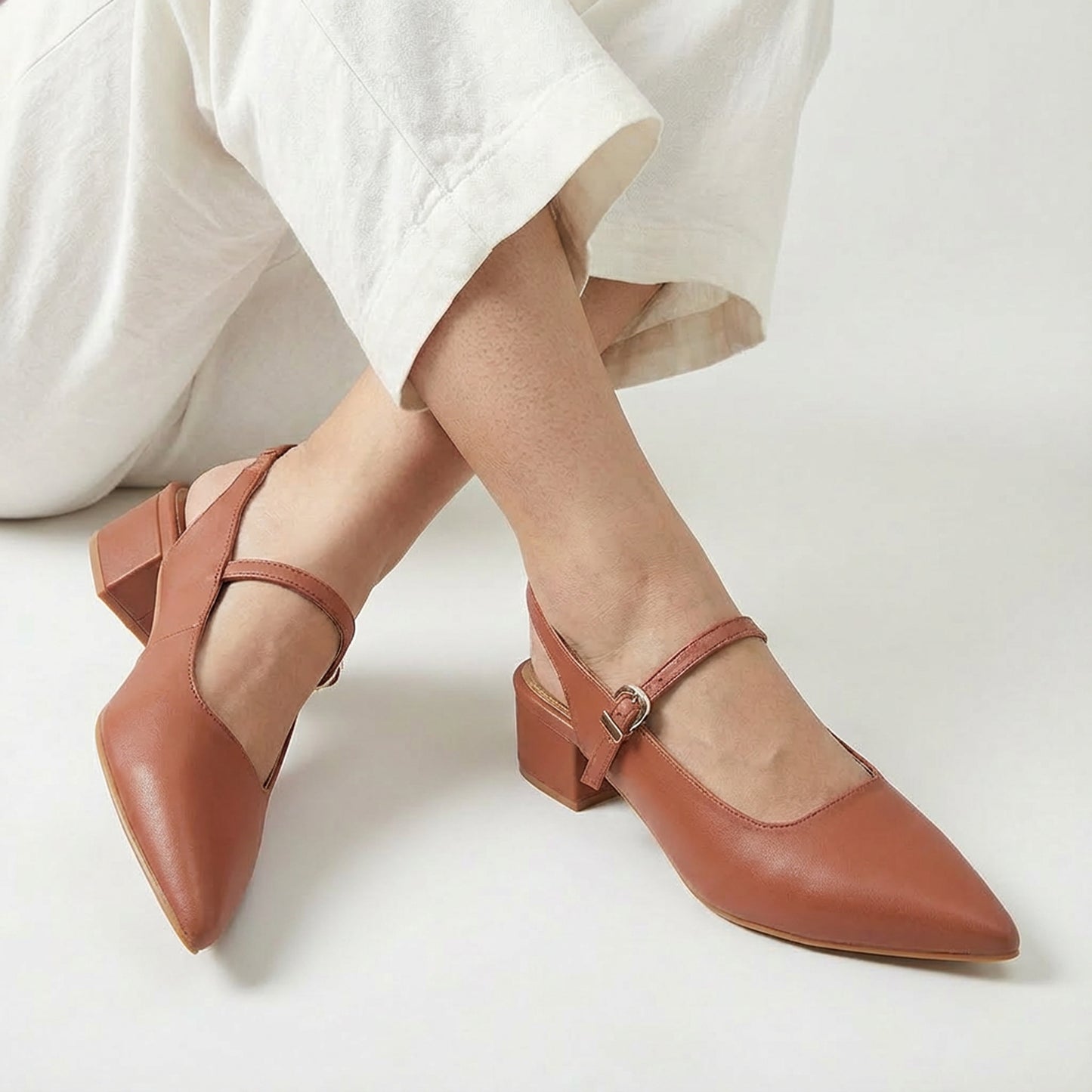 Tan Pointed-Toe Slingback Heels
