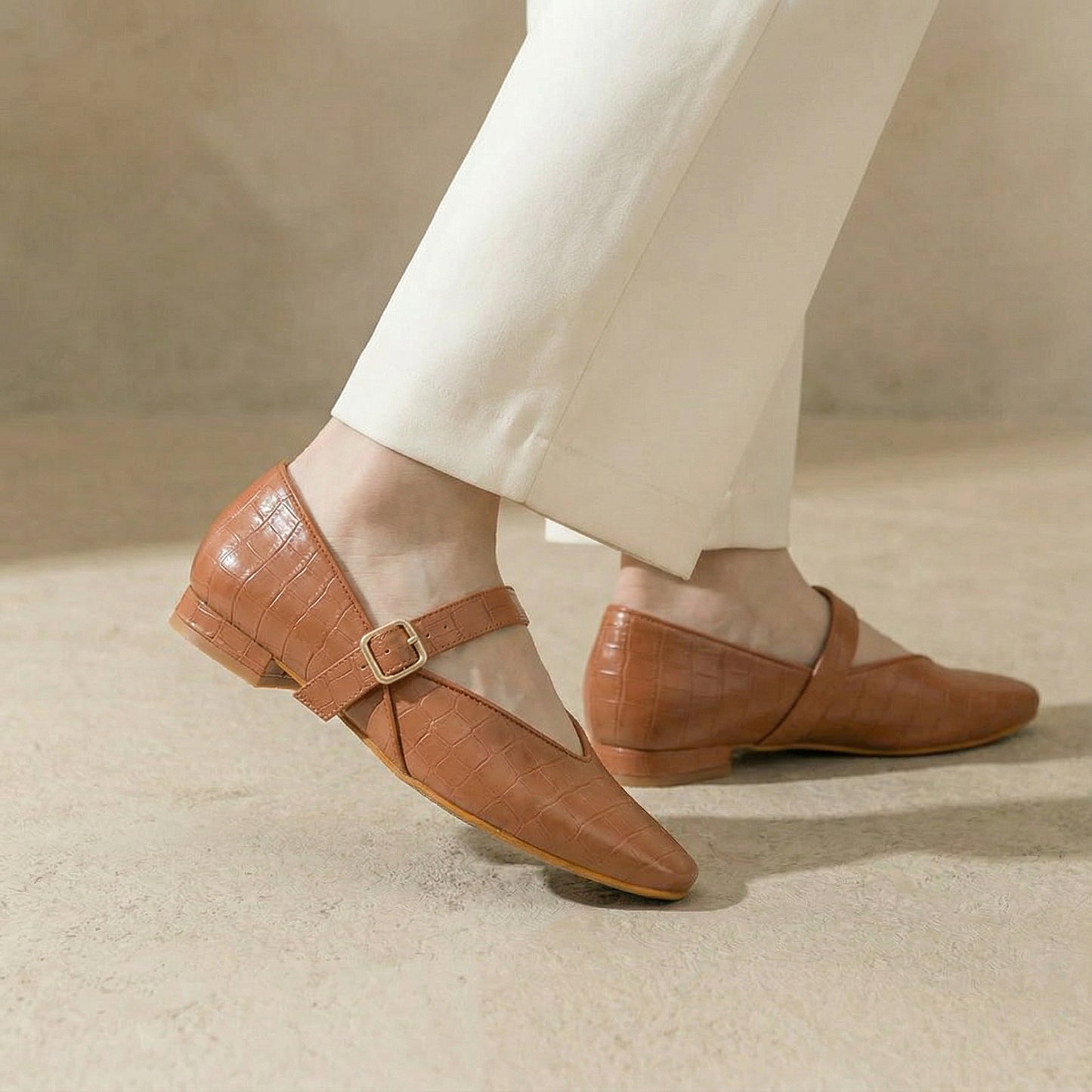 Tan textured Mary Jane Flats