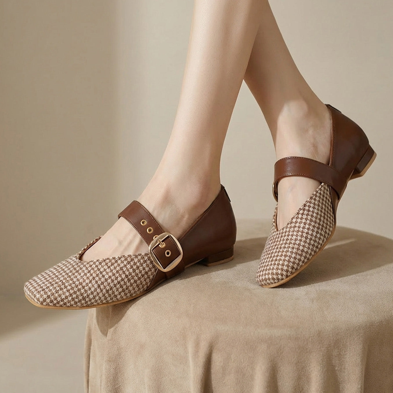 Brown Houndstooth Mary Jane Flats