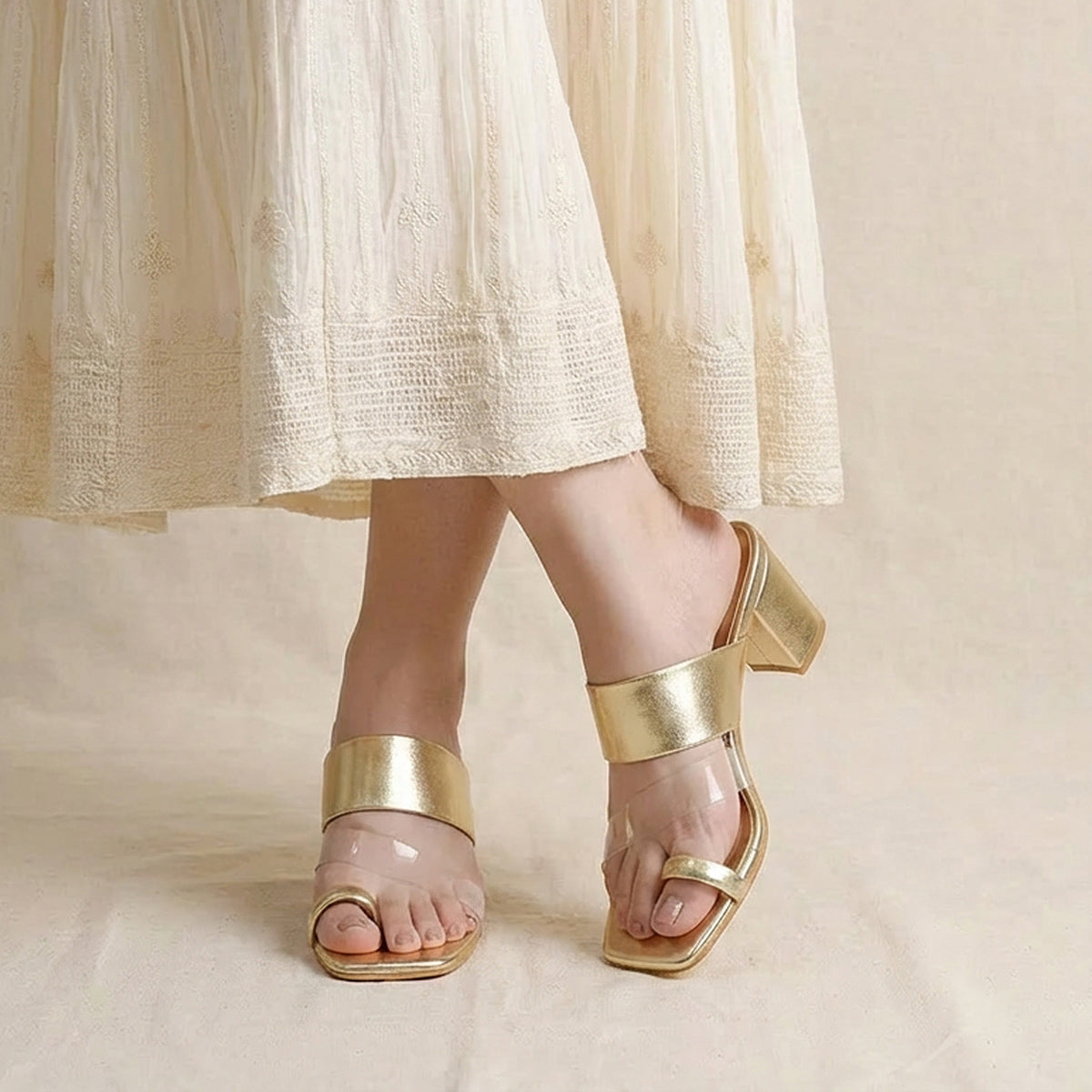 Gold Toe Loop Block Heels