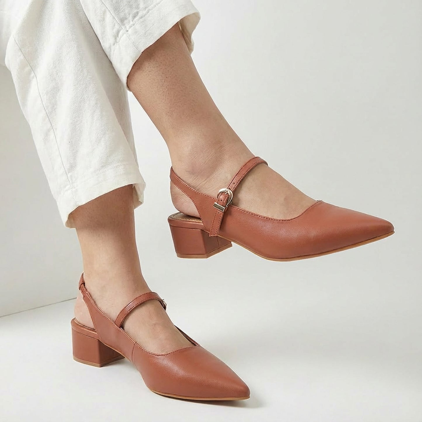Tan Pointed-Toe Slingback Heels