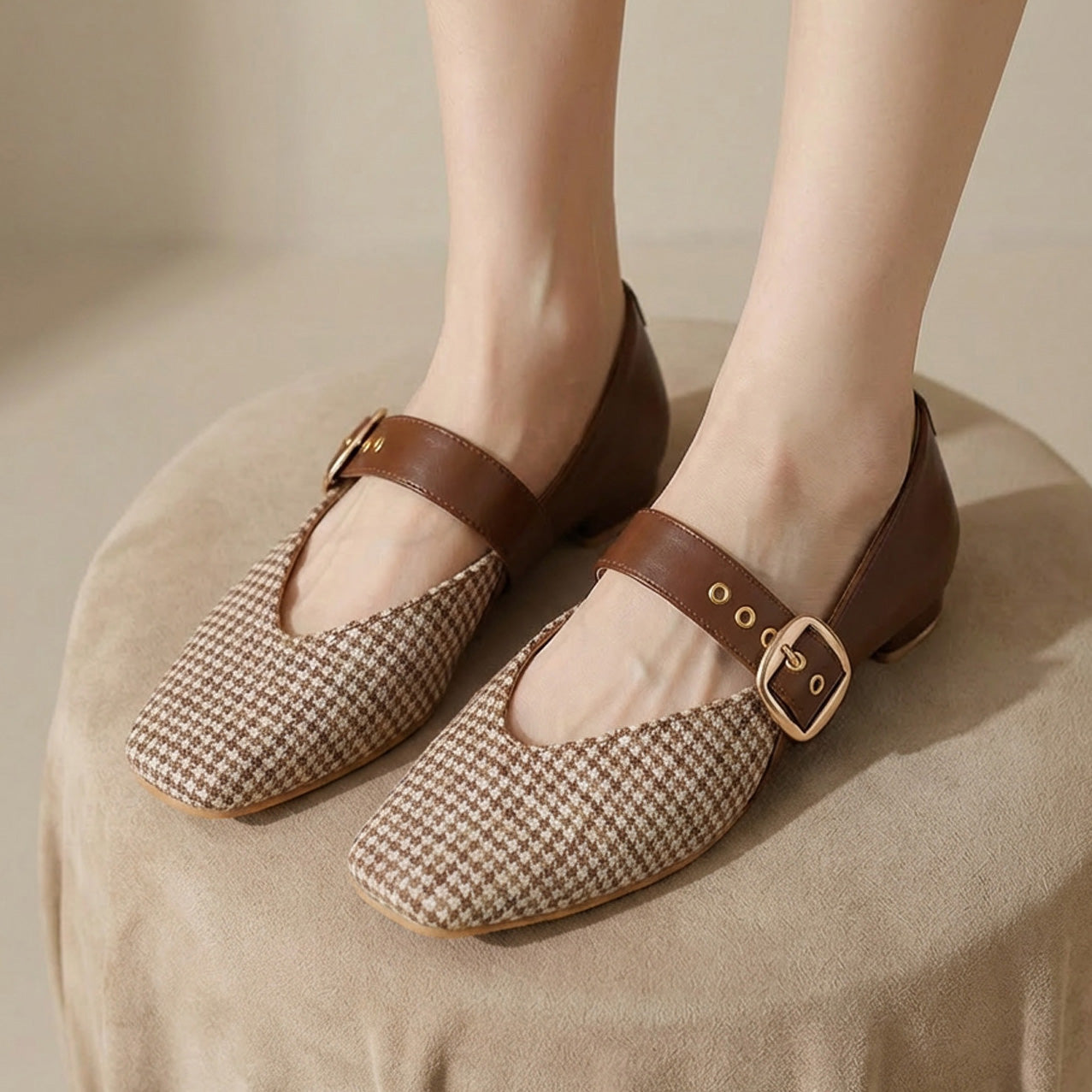 Brown Houndstooth Mary Jane Flats