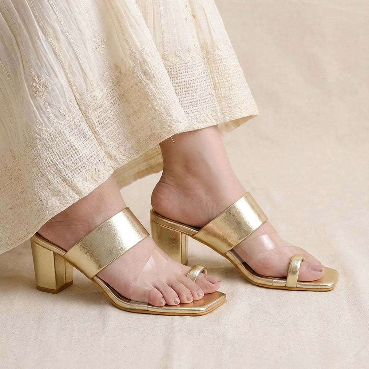 Gold Toe Loop Block Heels