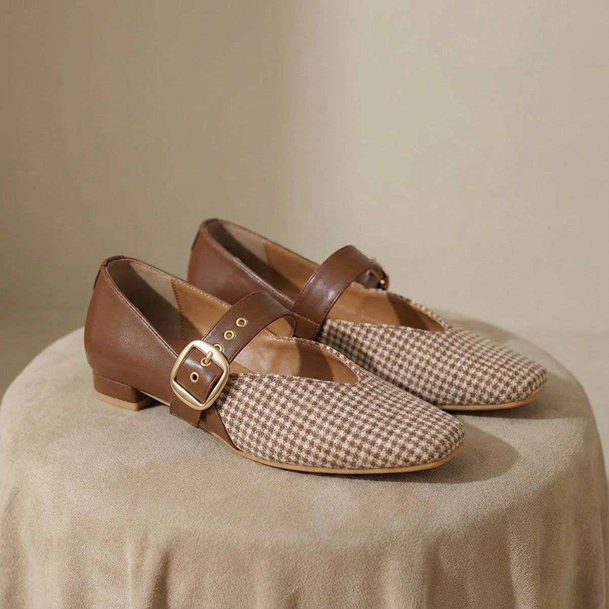 Brown Houndstooth Mary Jane Flats