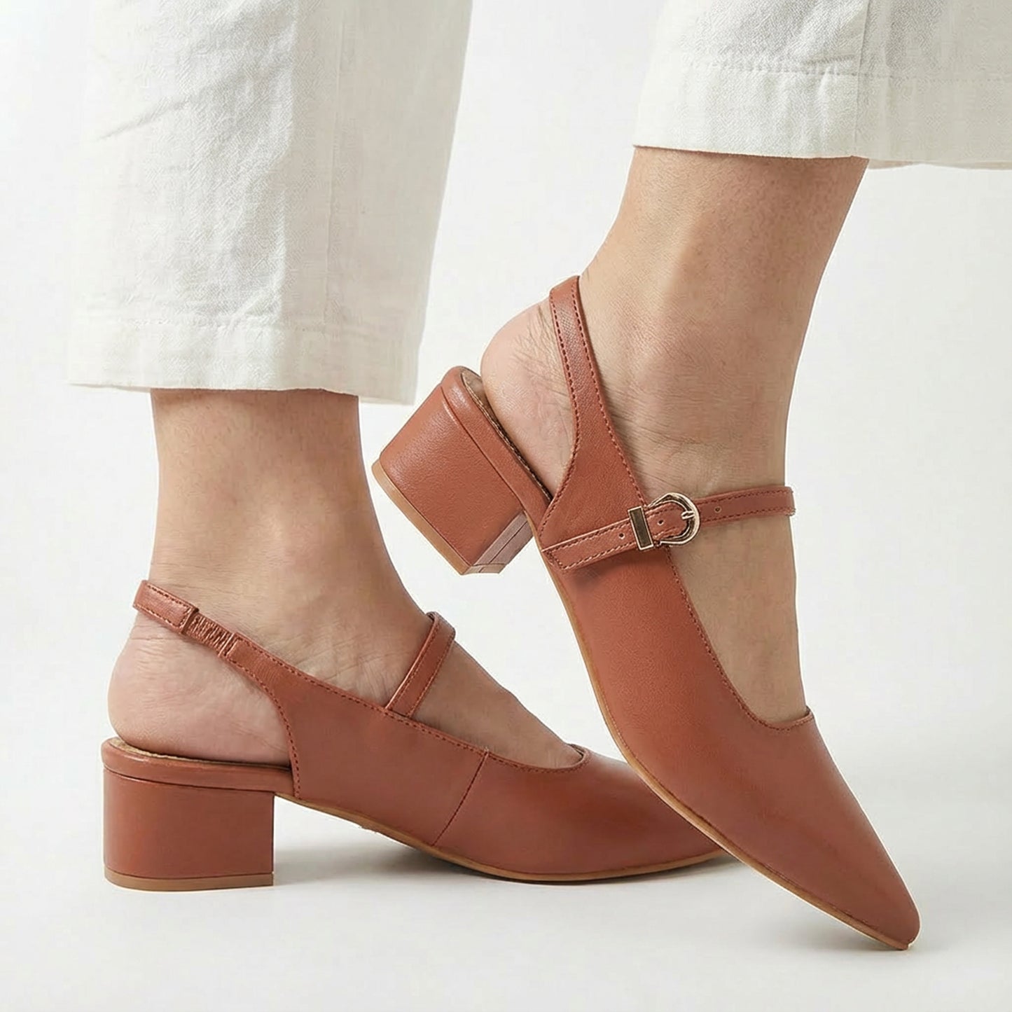 Tan Pointed-Toe Slingback Heels