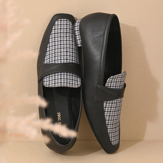 Black Houndstooth Square Toe Loafers Shoes