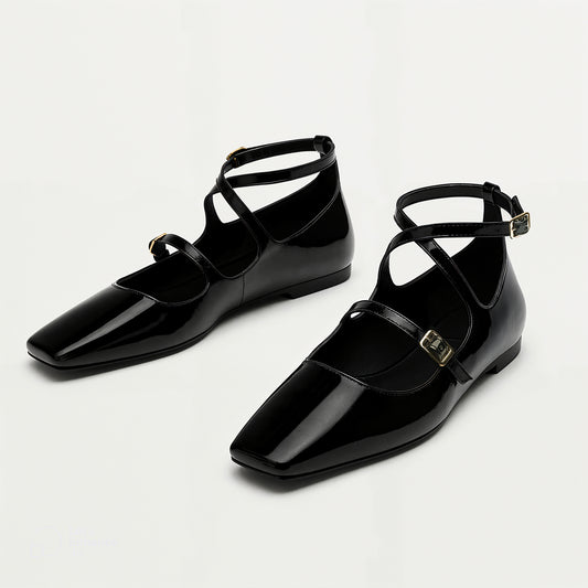 Black Patent Ankle-Strap Ballet Flats