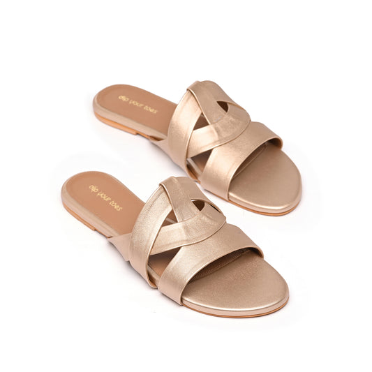 Muted Gold Flat Cross-Strap Sandals