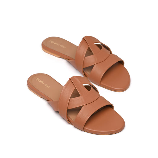 Tan Flat Cross-Strap Sandals
