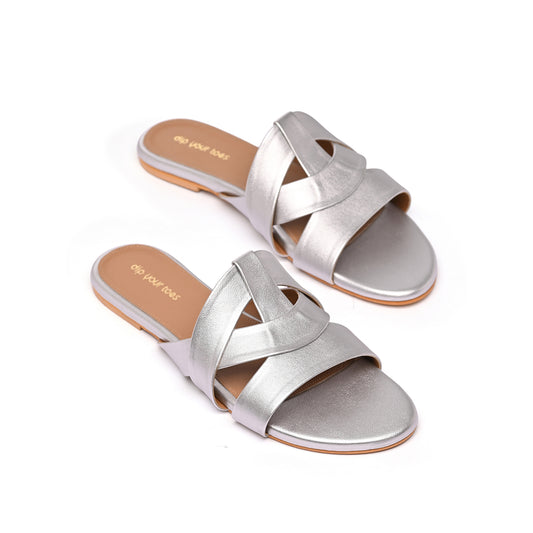 Muted Silver Flat Cross-Strap Sandals