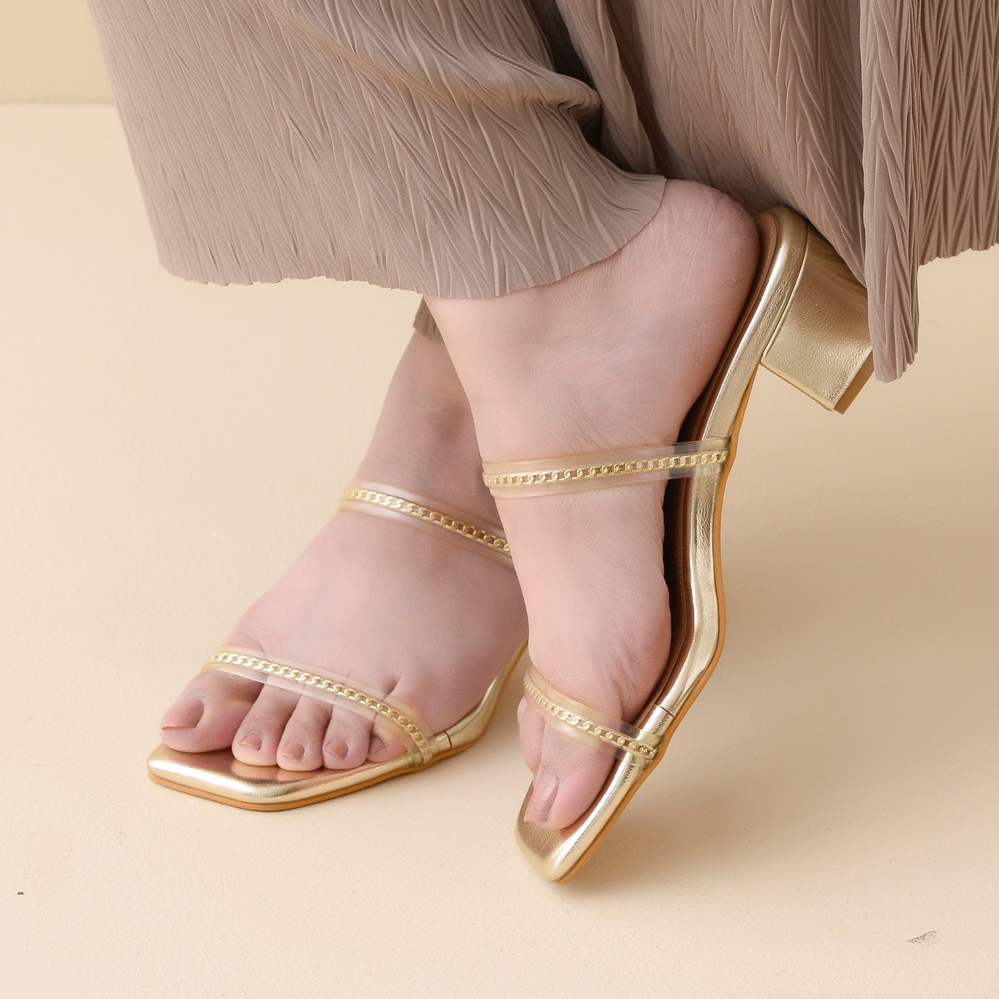 Gold Twin Strap Clear Heels