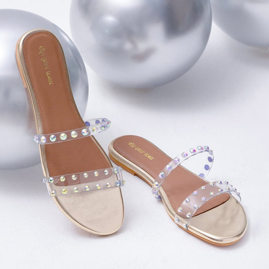 Gold Studded Twin Strap Flats