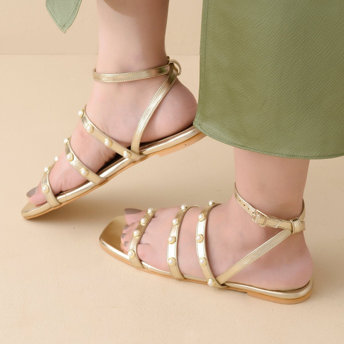 Gold Pearl Ankle Strap Sandals