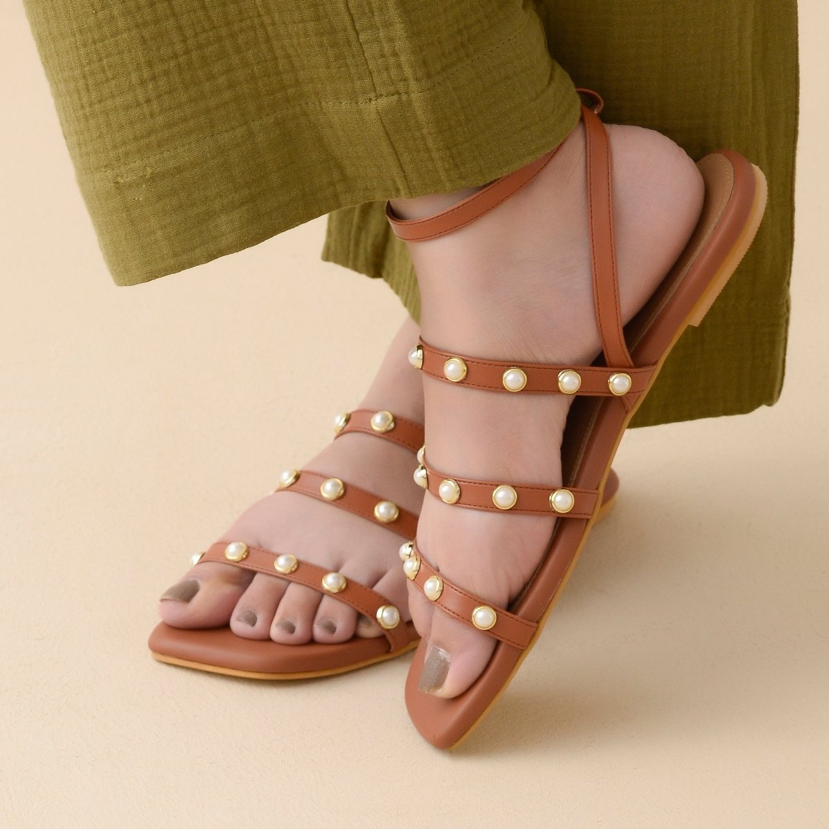 Tan Pearl Ankle Strap Sandals