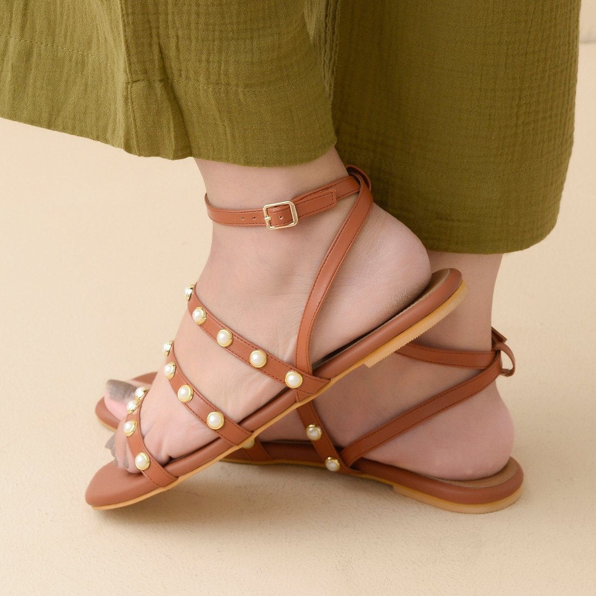 Tan Pearl Ankle Strap Sandals